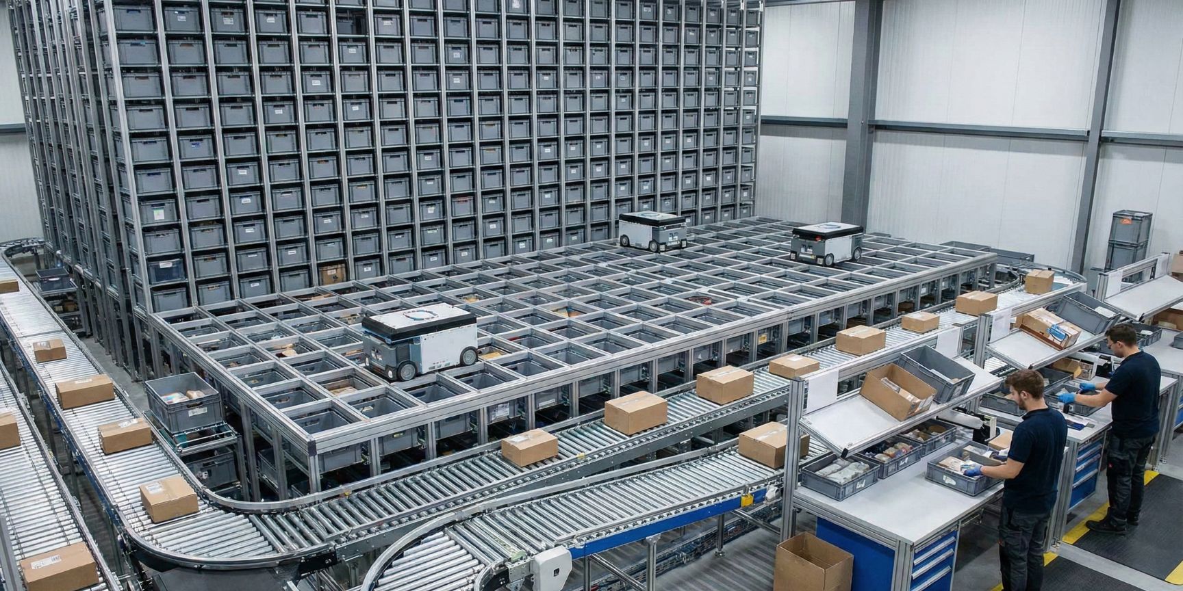 Innenansicht eines hochautomatisierten Micro-Fulfillment-Centers. Kleine Roboter bewegen sich auf einem Gitter über einem dichten Lagersystem aus grauen Behältern. Über ein Förderbandsystem gelangen Kartons zu zwei Mitarbeitern, die an ergonomischen Packstationen Bestellungen kommissionieren. Dies illustriert effiziente Intralogistik-Prozesse für die letzte Meile in einem städtischen Lagerhaus